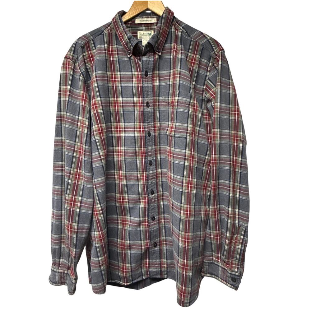 LL Bean Men's Scotch Plaid Flannel Shirt Size XL Tall Gray Red Outdoor Gorpcore